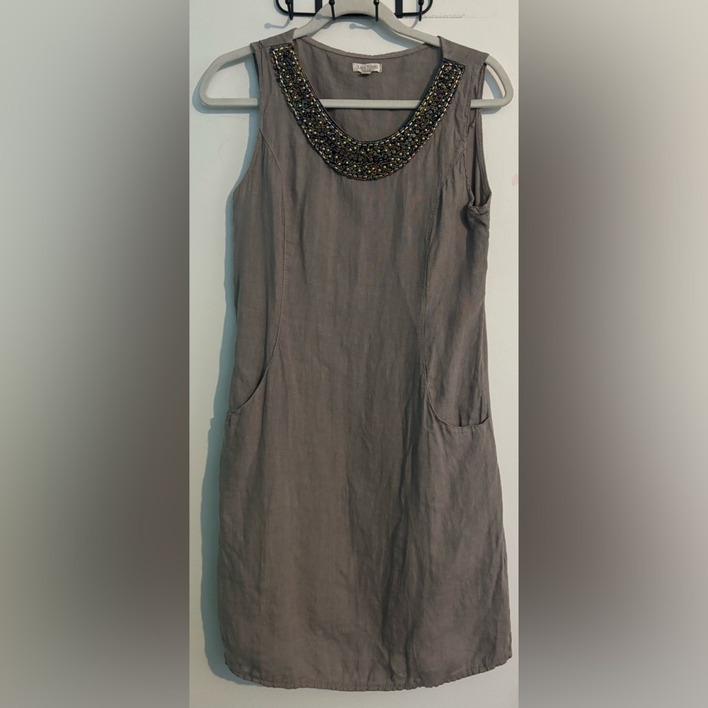 Lina Tomei Womens Linen Sz Small Gray Shift Dress Beaded Scoop Neck Sleeveless